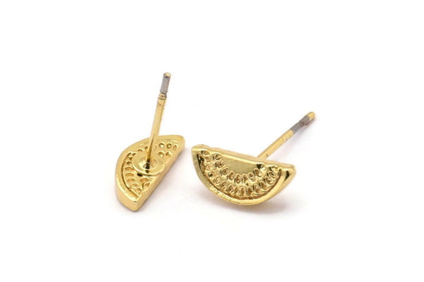 Gold Watermelon Earring, 6 Gold Plated Brass Watermelon Slice Stud Earrings (10x4mm) N0914