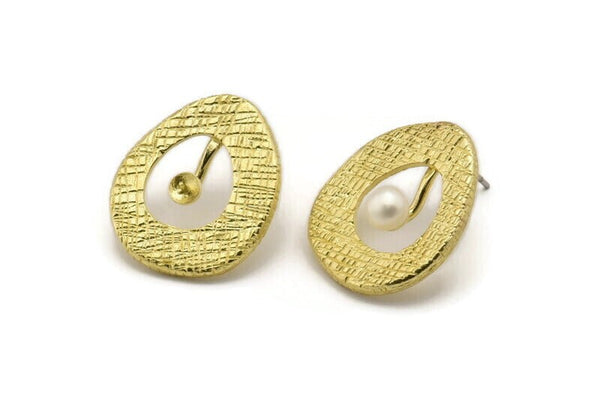 Brass Drop Earring, 2 Raw Brass Drop Shaped Stud Earrings With 1 Pad (23x19x2mm) N1903
