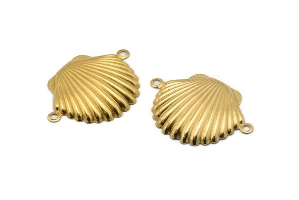 Brass Shell Charm, 24 Raw Brass Sea Shell Charm With 2 Loops, Pendants, Connectors, Findings (20x28mm) D1053