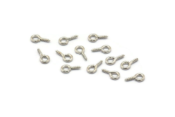 Screw Eye Pin, 100 Silver Tone Brass Screw Hook Eye Pins (8x4mm) A1046