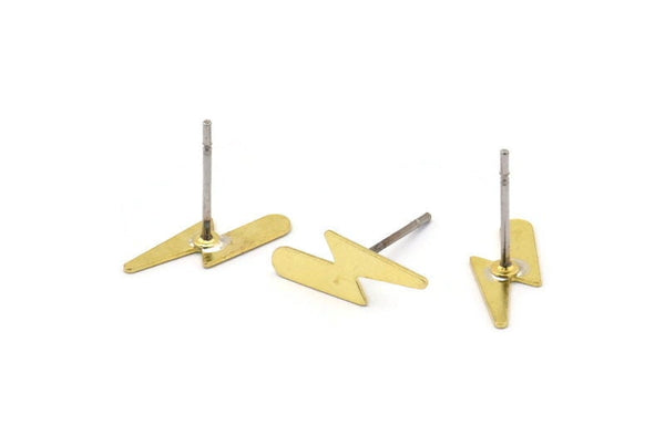 Brass Earring, 12 Raw Brass Lightning Bolt Stud Earrings (14x5x0.50mm) A0891 A2241