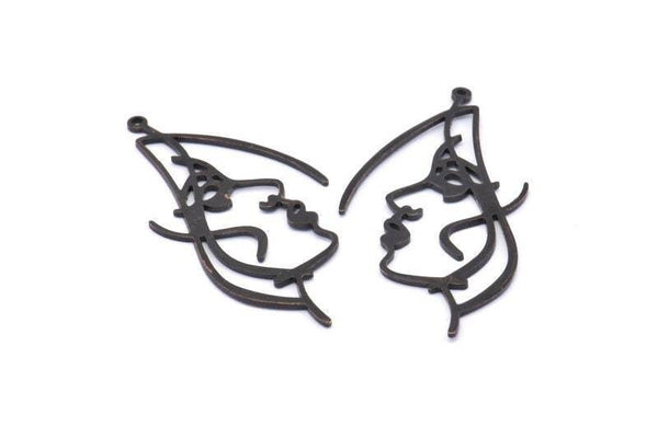 Black Face Charm, 8 Oxidized Black Brass Face Charms With 1 Loop, Pendants, Earrings, Findings (50x25x1mm) D0624 S879