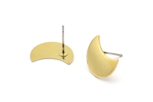 Brass Moon Earring, 8 Raw Brass Crescent Moon Stud Earrings (15x8x0.80mm) D0666 A1325