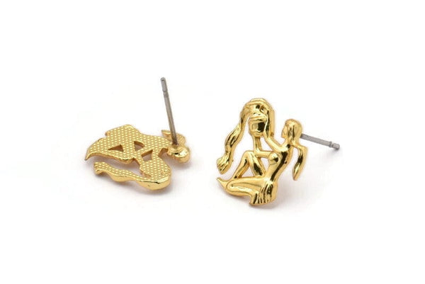 Gold Aquarius Earring, 4 Gold Plated Brass Aquarius Sign Stud Earrings, Zodiac Earring Findings, Zodiac Sign Jewelries (13x12mm) SY0285