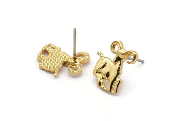 Gold Aries Earring, 4 Gold Plated Brass Aries Sign Stud Earrings, Zodiac Earring Findings, Zodiac Sign Jewelries (13x11mm) SY0290