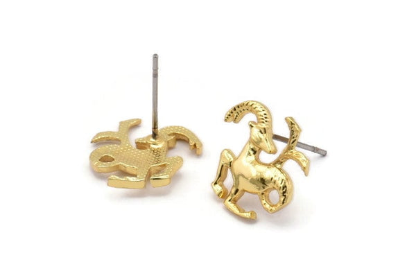Gold Capricorn Earring, 4 Gold Plated Brass Capricorn Sign Stud Earrings, Zodiac Earring Findings, Zodiac Sign Jewelries (14x12mm) SY0287