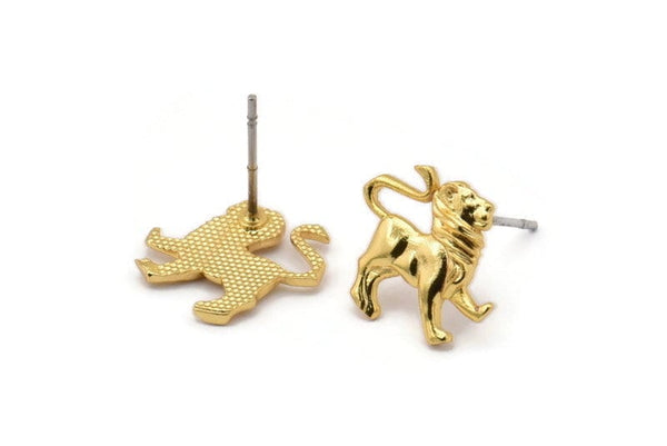 Gold Leo Earring, 4 Gold Plated Brass Leo Sign Stud Earrings, Zodiac Findings, Zodiac Sign Jewelries (12x12mm) SY0289