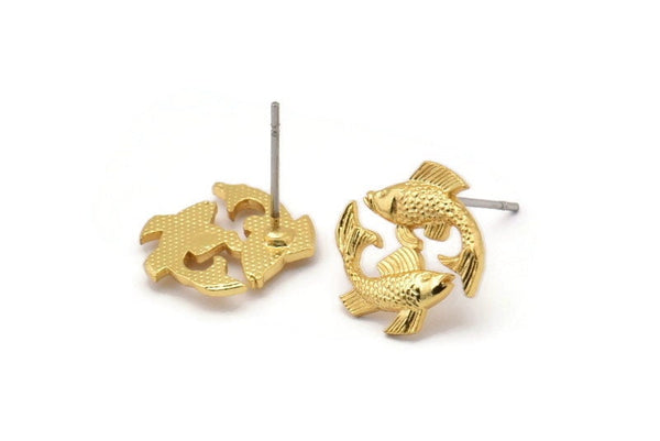 Gold Pisces Earring, 4 Gold Plated Brass Pisces Sign Stud Earrings, Zodiac Findings, Zodiac Sign Jewelries (14x14mm) SY0288 Q0931