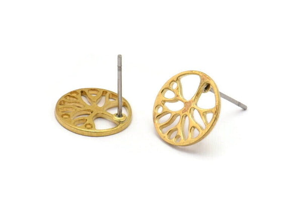 Brass Tree Earring, 10 Raw Brass Tree Stud Earrings (12x1mm) D1228 A1233