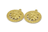 Brass Round Charm, 2 Raw Brass Green Man Charms With 1 Loop, Pendants, Findings (30x27mm) N1940