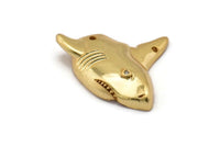 Gold Shark Charm, 2 Gold Plated Brass Shark With Zircon Eyes Charms With 2 Holes (23x22mm) SY0125
