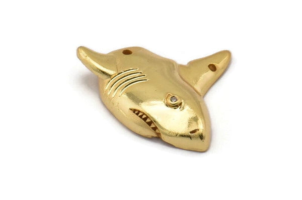 Gold Shark Charm, 2 Gold Plated Brass Shark With Zircon Eyes Charms With 2 Holes (23x22mm) SY0125