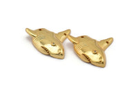 Gold Shark Charm, 2 Gold Plated Brass Shark With Zircon Eyes Charms With 2 Holes (23x22mm) SY0125