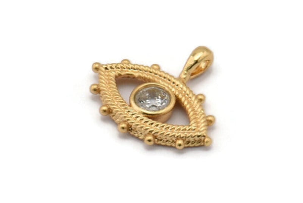 Brass Eye Charm, 4 Raw Brass Eye Shaped Charms With 1 Loop, CZ Pave Charm, Pendants, Earring Findings, Zircon Beads (14x17mm) SY0248