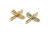 Gold Dragonfly Charms, 2 Gold Plated Brass Dragonfly Charms With 1 Loop, Pendants, Earring Findings (19x17mm) SY0143