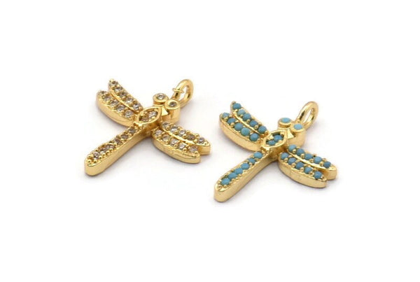 Gold Dragonfly Charms, 2 Gold Plated Brass Dragonfly Charms With 1 Loop, Pendants, Earring Findings (19x17mm) SY0143