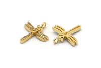 Gold Dragonfly Charms, 2 Gold Plated Brass Dragonfly Charms With 1 Loop, Pendants, Earring Findings (19x17mm) SY0143