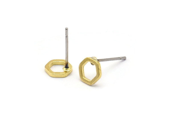 Brass Hexagon Earring, 12 Raw Brass Hexagon Stud Earrings (6x1mm) D0012 A2095