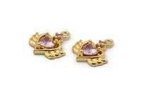 Gold Heart Charms, 2 Gold Plated Brass Winged Heart Shaped Pink Crystal Charms With 1 Loop, Pendants, Earring Findings (15x14mm) SY0106