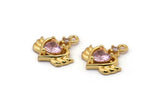 Gold Heart Charms, 2 Gold Plated Brass Winged Heart Shaped Pink Crystal Charms With 1 Loop, Pendants, Earring Findings (15x14mm) SY0106