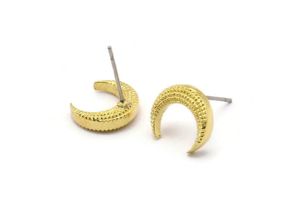 Brass Moon Earring, 6 Raw Brass Crescent Moon Stud Earrings (12x4x3mm) A2183