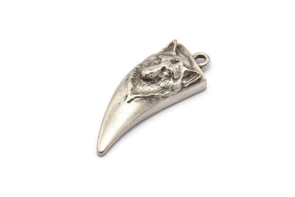 Silver Wolf Charm, Antique Silver Plated Brass Wolf Tooth Charms With 1 Loop (32x13mm) N1942 H1503