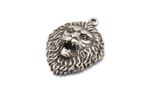 Silver Lion Charm, Antique Silver Plated Brass Lion Charms With 1 Loop, Pendants, Findings (31x23mm) N1945