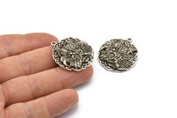 Gümüş Yuvarlak Charm, Antik Gümüş Kaplama Pirinç Viking Charm, 1 Döngü, Kolye Uçları, Bulgular (32x29mm) N1939 H1502