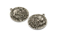 Silver Round Charm, Antique Silver Plated Brass Viking Charm With 1 Loop, Pendants, Findings (31x28mm) N1941 H1504