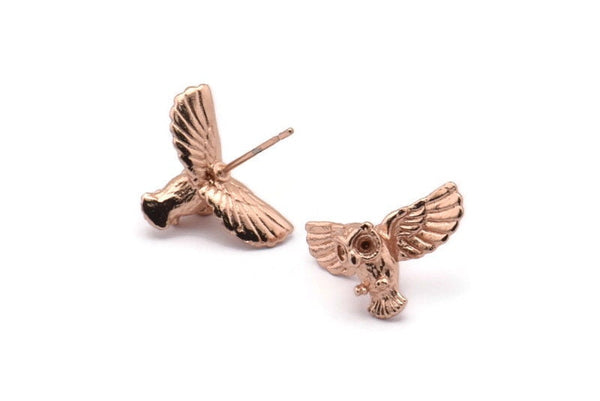 Tiny Owl Earring, 2 Rose Gold Plated Brass Owl Stud Earrings (18x10mm) N0417 A1213