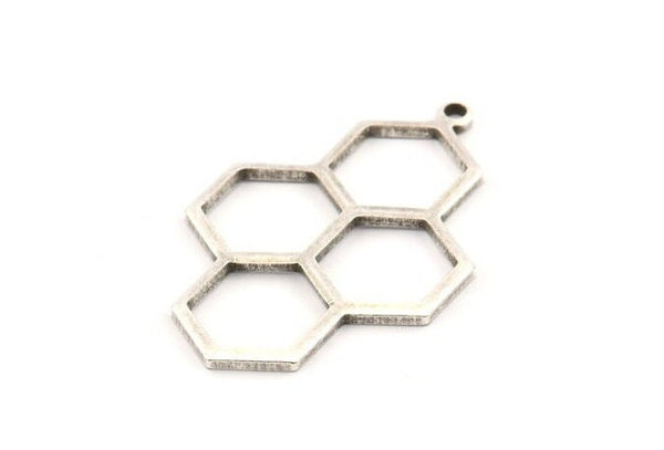 Silver Honeycomb Charm, 6 Antique Silver Plated Brass Honeycomb Charm Earrings With 1 Loop, Pendant, Findings (42x27mm) D0716 H1051