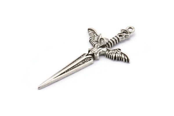 Silver Sword Charm, Antique Silver Plated Brass Sword Charm With 1 Loop, Angel Sword (49x25mm) N1646 H1069