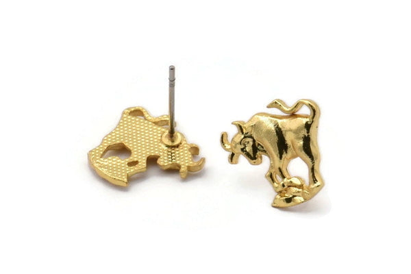 Gold Taurus Earring, 4 Gold Plated Brass Taurus Sign Stud Earrings, Zodiac Earring Findings, Zodiac Sign Jewelries (13x13mm) SY0293