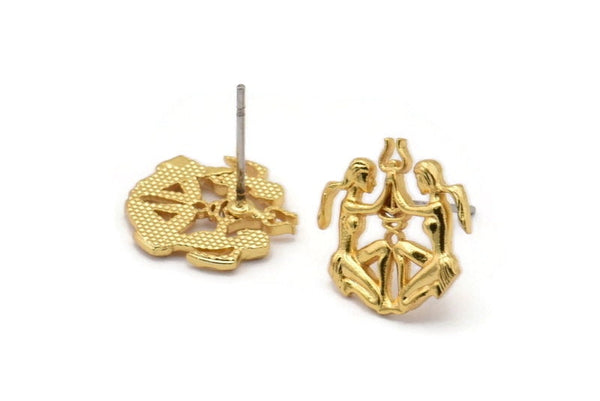 Gold Gemini Earring, 4 Gold Plated Brass Gemini Sign Stud Earrings, Zodiac Earring Findings, Zodiac Sign Jewelries (14x13mm) SY0295