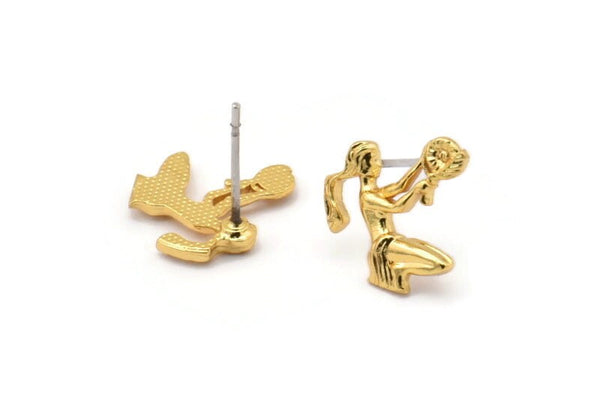 Gold Virgo Earring, 4 Gold Plated Brass Virgo Sign Stud Earrings, Zodiac Findings, Zodiac Sign Jewelries (12x13mm) SY0286