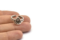 Silver Ring Settings, 3 Antique Silver Plated Brass Drop Ring With 1 Stone Setting - Pad Size 9x6mm V047 V077 H0614