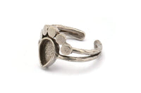 Silver Ring Settings, 3 Antique Silver Plated Brass Drop Ring With 1 Stone Setting - Pad Size 9x6mm V047 V077 H0614