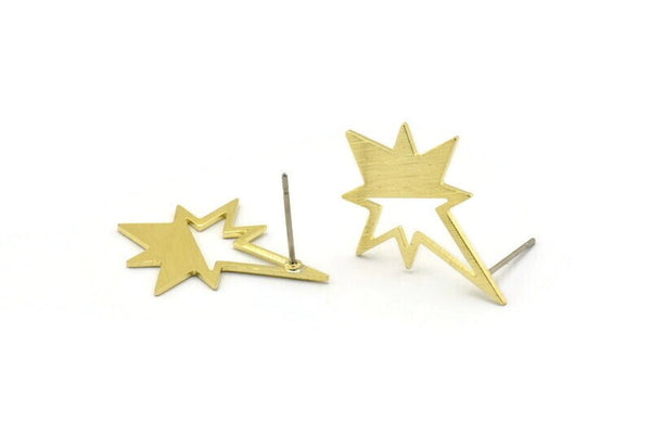 Brass North Star Earring, 4 Textured Raw Brass Pole Star Shaped Stud Earrings (27x22x0.80mm) M02549 A0554
