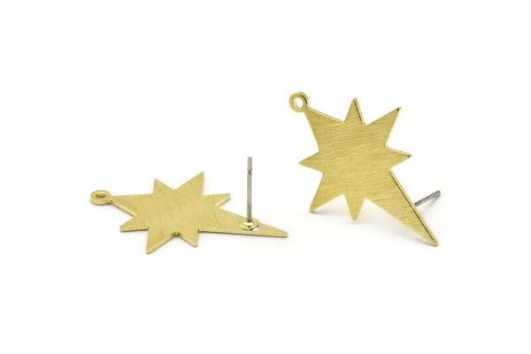 Brass North Star Earring, 4 Textured Raw Brass Pole Star Shaped Stud Earrings With 1 Loop (30x22x0.80mm) M02551 A0700
