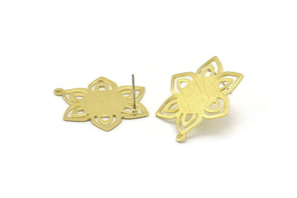 Brass Flower Earring, 2 Textured Raw Brass Flower Shaped Stud Earrings With 1 Loop (31x25x0.80mm) M02544 A0247
