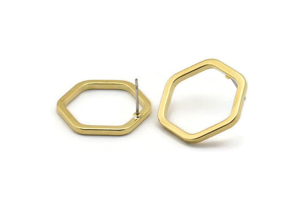 Brass Hexagon Earring, 6 Raw Brass Hexagon Stud Earrings (22x2x2mm) D0135 A1313