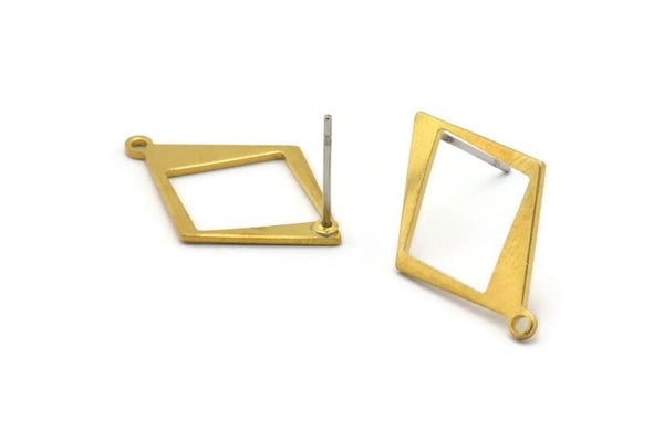 Brass Diamond Earring, 8 Raw Brass Rhombus Stud Earrings With 1 Loop (23x16x0.80mm) D1052 A1272