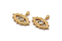 Brass Eye Charm, 4 Raw Brass Eye Shaped Charms With 1 Loop, CZ Pave Charm, Pendants, Earring Findings, Zircon Beads (14x17mm) SY0248