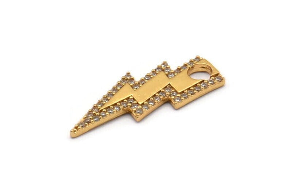 Gold Lightning Charm, Gold Plated Lightning Bolt, Cubic Zircon, 2 CZ Pave Lightning Charms, Zircon Pendants With 1 Hole (25x10mm) SY0244