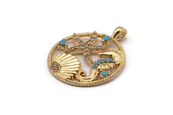 Gold Sea Star Charm, Gold Plated Sea Horse, Cubic Zircon, 2 CZ Pave Ocean Charms, Zircon Pendants With 1 Hole (25x20mm) SY0243