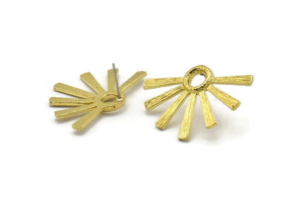 Brass Sun Earring, 2 Raw Brass Textured Sunny Stud Earrings With 1 Loop (34x24x2.2mm) E208 A1288