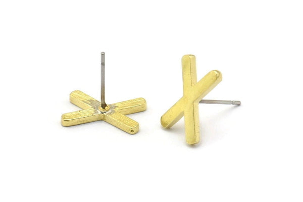 Earring Studs, 10 Raw Brass -  X Shape Earrings - Brass Earrings - Earrings (14x9x1.5mm) N1414