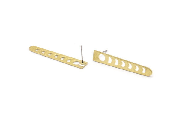 Brass Earring, 8 Textured Raw Brass Moon Phases Patterned Stud Earrings (35x6x5x0.80mm) M02345 A0026