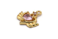 Gold Heart Charms, 2 Gold Plated Brass Winged Heart Shaped Pink Crystal Charms With 1 Loop, Pendants, Earring Findings (15x14mm) SY0106