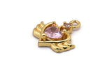 Gold Heart Charms, 2 Gold Plated Brass Winged Heart Shaped Pink Crystal Charms With 1 Loop, Pendants, Earring Findings (15x14mm) SY0106